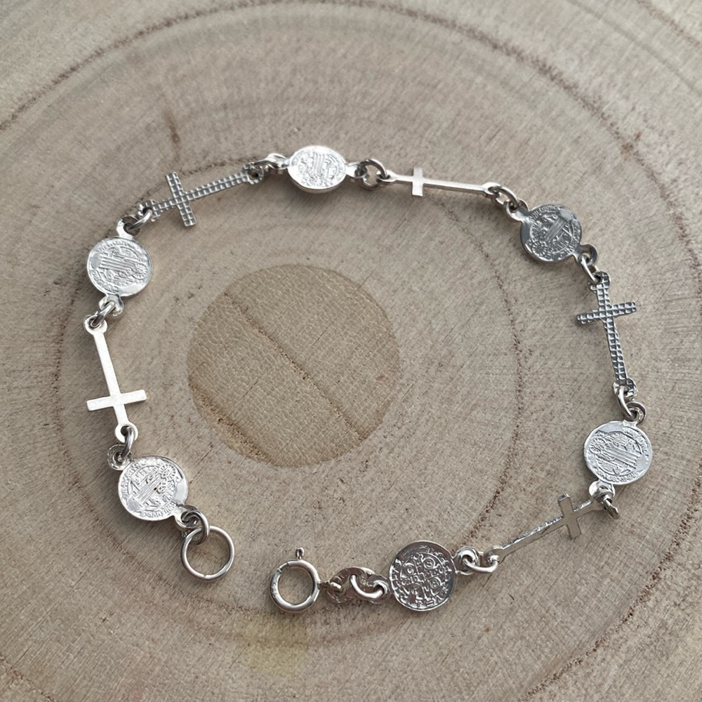Bracelet San Benito/cross 925 Sterling silver religious Made in Mexico New